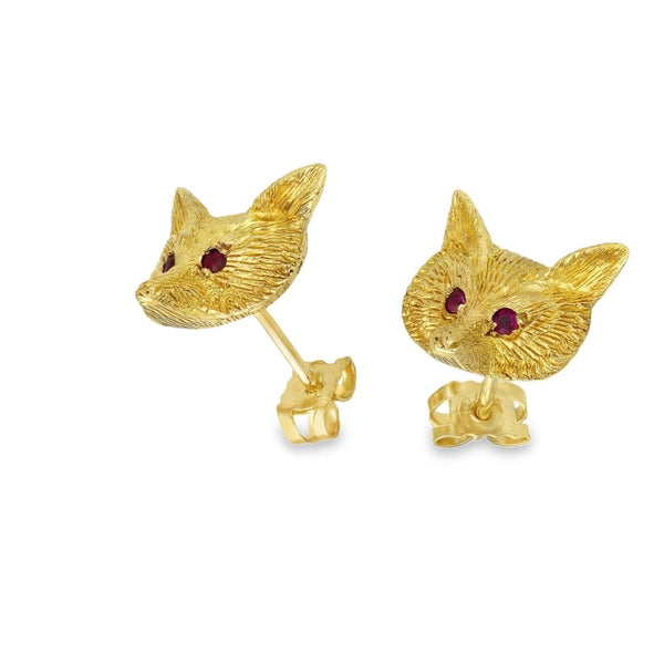 9ct Yellow Gold Ruby Fox Stud Earrings - 11x14x5mm - 5.2g