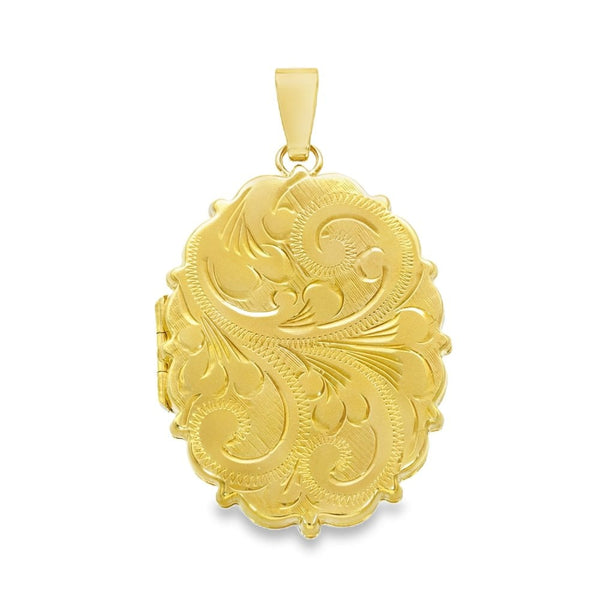 9ct Yellow Gold Feather Engraved Locket - 27x38x4.5mm - 7.2g