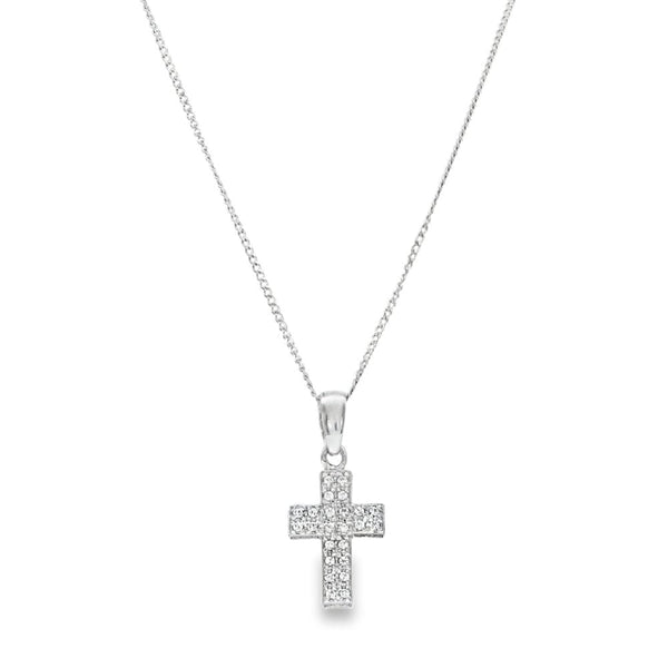 18ct White Gold Cubic Zirconia Cross Pendant & Curb Chain - 24"