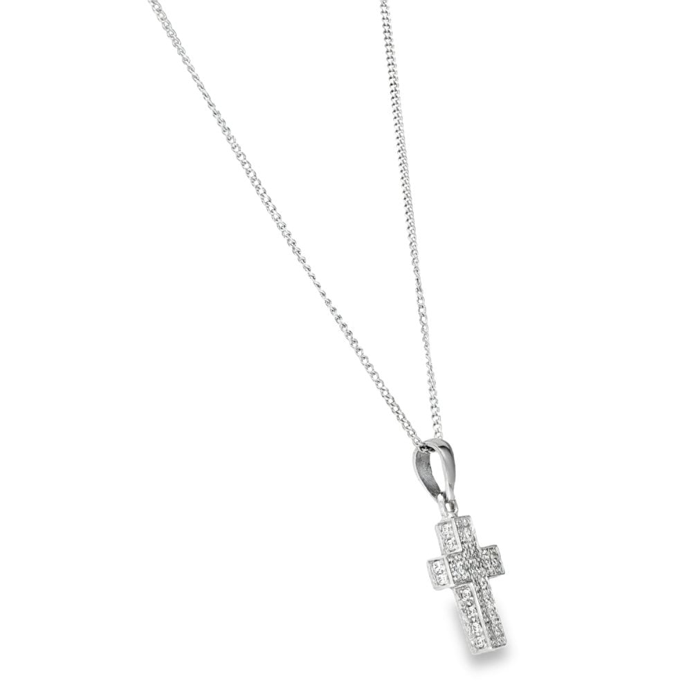 18ct White Gold Cubic Zirconia Cross Pendant & Curb Chain - 24"