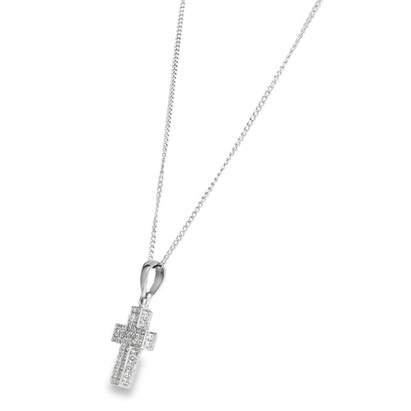 18ct White Gold Cubic Zirconia Cross Pendant & Curb Chain - 24"