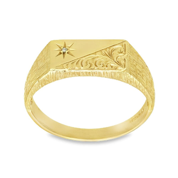 9ct Yellow Gold Half-Engraved Diamond Signet Ring - Size S - 7mm