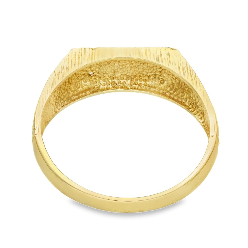 9ct Yellow Gold Half-Engraved Diamond Signet Ring - Size S - 7mm