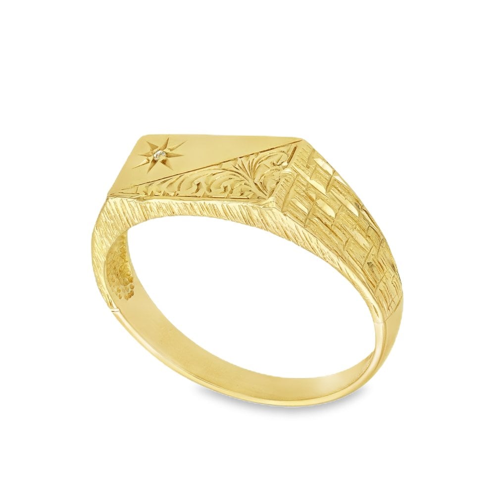 9ct Yellow Gold Half-Engraved Diamond Signet Ring - Size S - 7mm