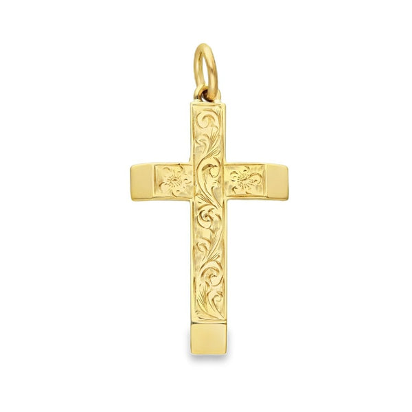 9ct Yellow Gold Flower & Feather Engraved Cross -18x32x2mm -4.0g