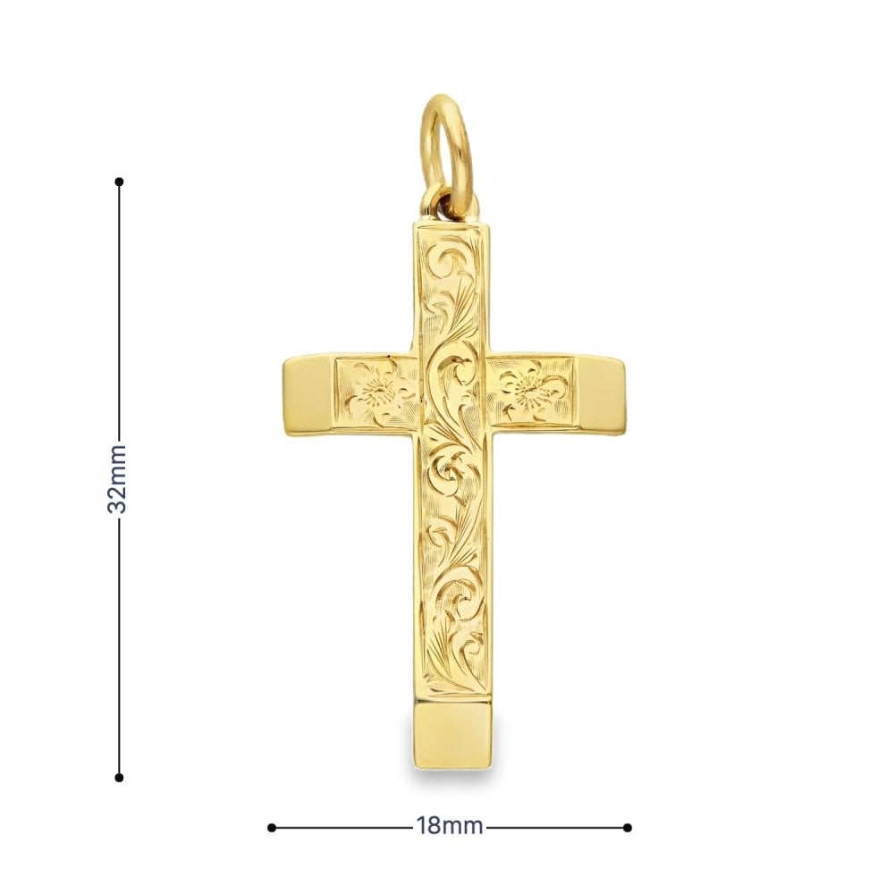 9ct Yellow Gold Flower & Feather Engraved Cross -18x32x2mm -4.0g