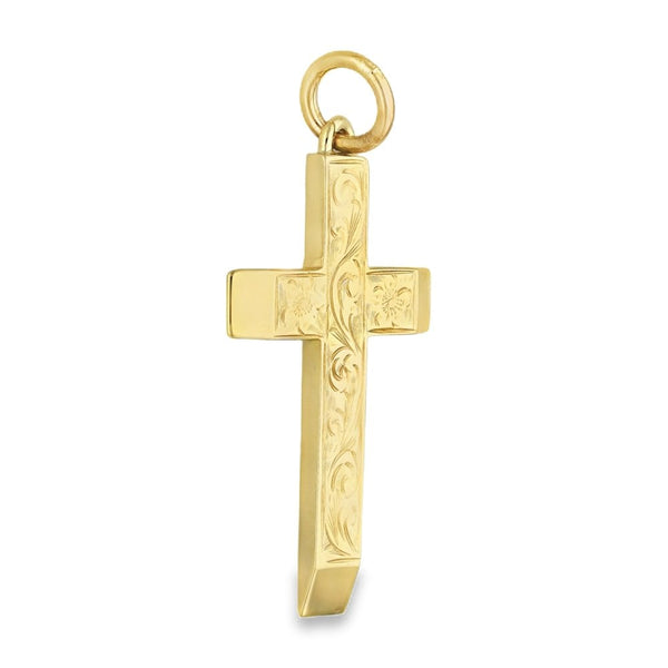 9ct Yellow Gold Flower & Feather Engraved Cross -18x32x2mm -4.0g