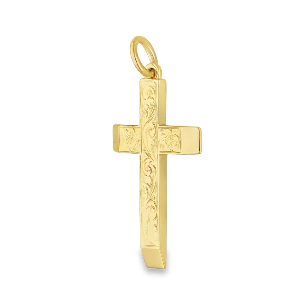 9ct Yellow Gold Flower & Feather Engraved Cross -18x32x2mm -4.0g