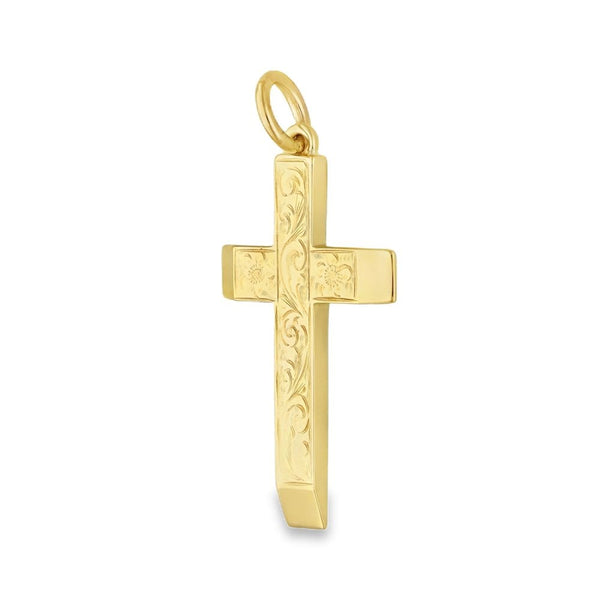 9ct Yellow Gold Flower & Feather Engraved Cross -18x32x2mm -4.0g