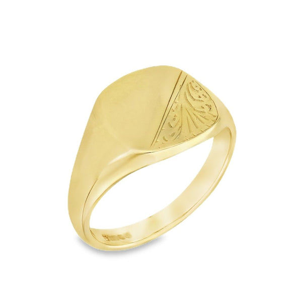 9ct Yellow Gold Half-Engraved Cushion Signet Ring - Size T -13mm