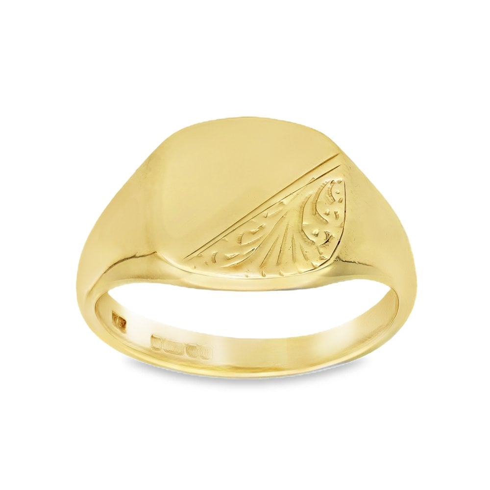 9ct Yellow Gold Half-Engraved Cushion Signet Ring - Size T -13mm
