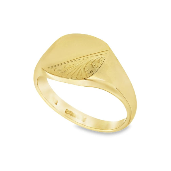 9ct Yellow Gold Half-Engraved Cushion Signet Ring - Size T -13mm