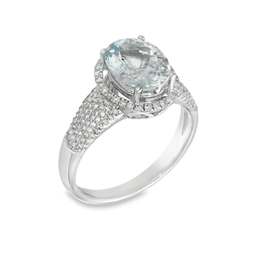 9ct White Gold Aquamarine & Diamond Cluster Ring -Size P -0.71ct