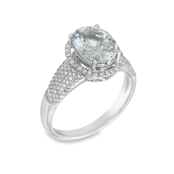 9ct White Gold Aquamarine & Diamond Cluster Ring -Size P -0.71ct