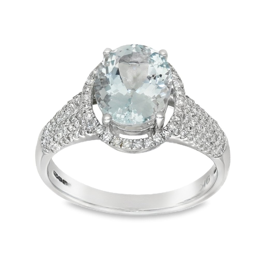 9ct White Gold Aquamarine & Diamond Cluster Ring -Size P -0.71ct