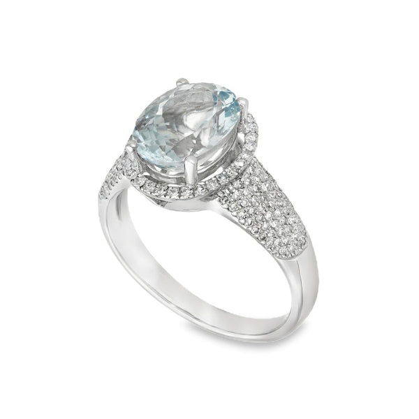 9ct White Gold Aquamarine & Diamond Cluster Ring -Size P -0.71ct