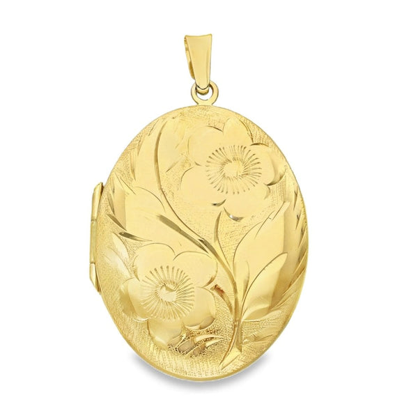 9ct Yellow Gold Flower & Leaf Engraved Oval Locket - 24x32x6mm