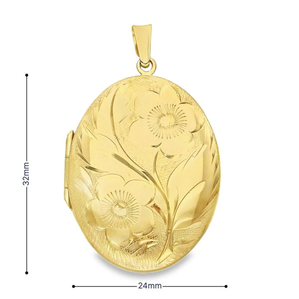 9ct Yellow Gold Flower & Leaf Engraved Oval Locket - 24x32x6mm
