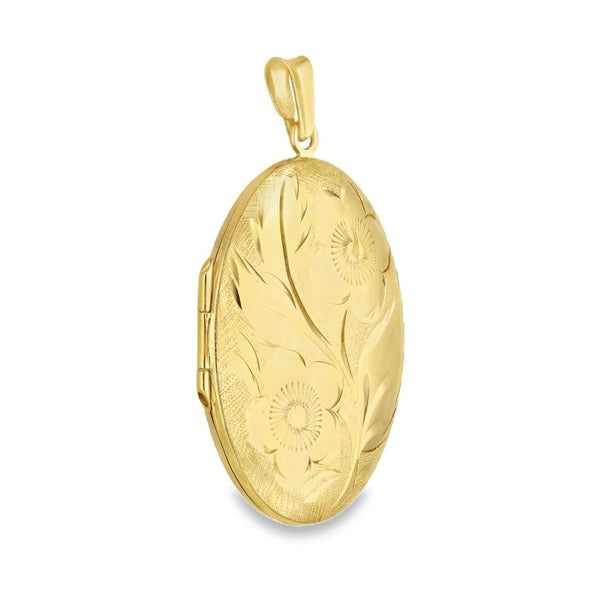 9ct Yellow Gold Flower & Leaf Engraved Oval Locket - 24x32x6mm
