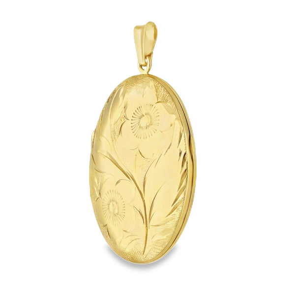9ct Yellow Gold Flower & Leaf Engraved Oval Locket - 24x32x6mm