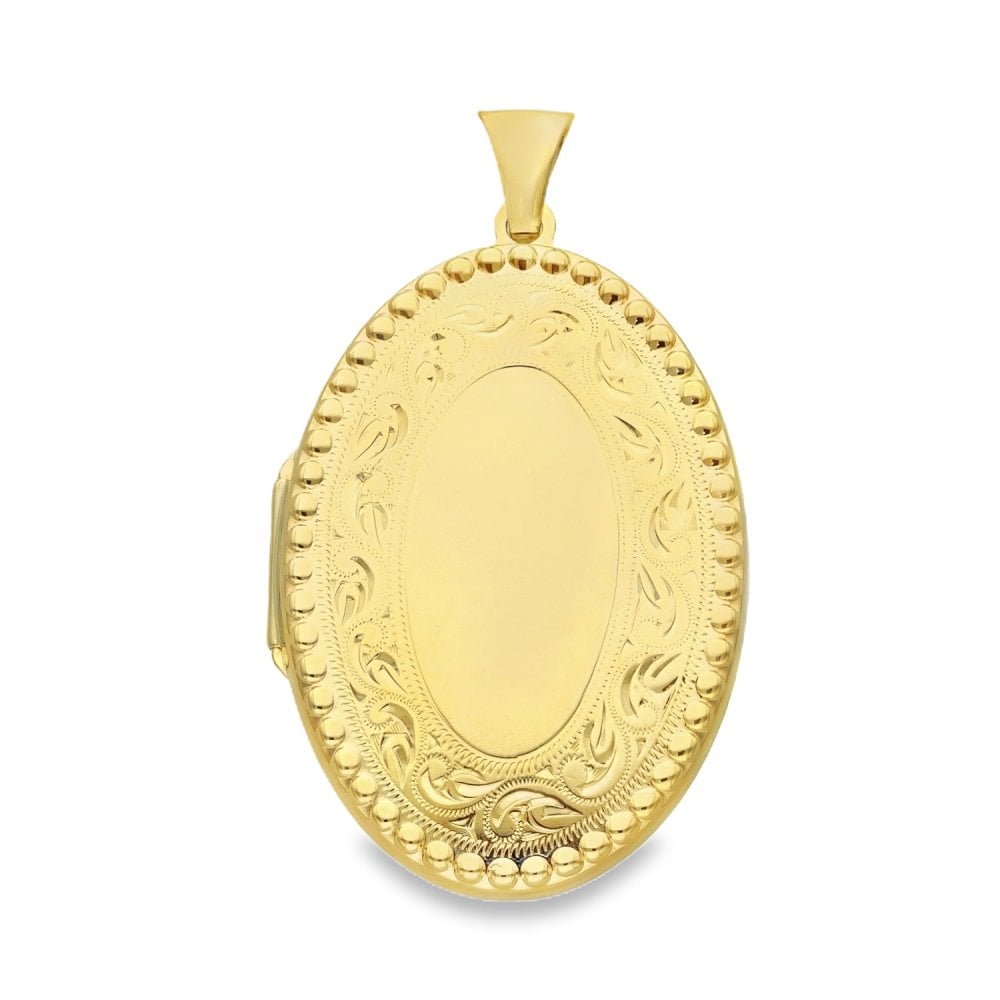 9ct Yellow Gold Bead & Patterned Edge Oval Locket - 26x37x6mm