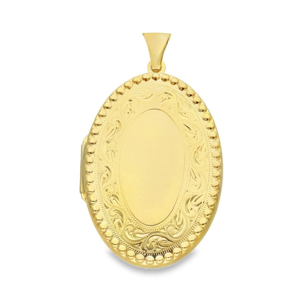 9ct Yellow Gold Bead & Patterned Edge Oval Locket - 26x37x6mm
