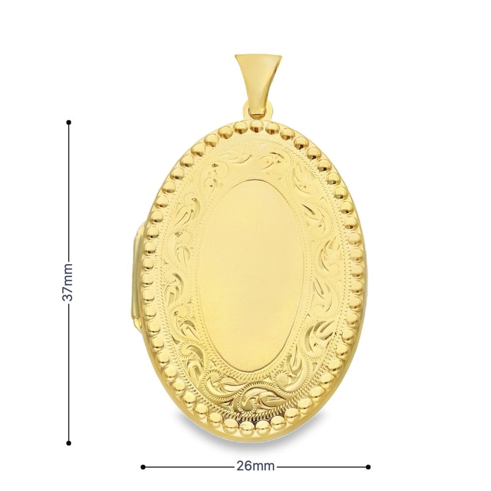 9ct Yellow Gold Bead & Patterned Edge Oval Locket - 26x37x6mm