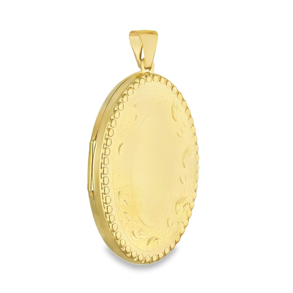 9ct Yellow Gold Bead & Patterned Edge Oval Locket - 26x37x6mm