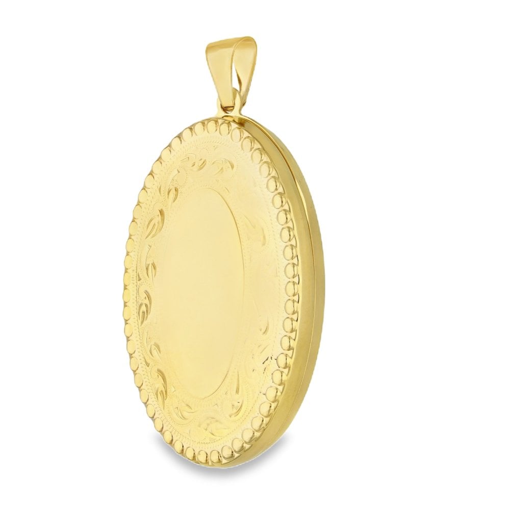 9ct Yellow Gold Bead & Patterned Edge Oval Locket - 26x37x6mm