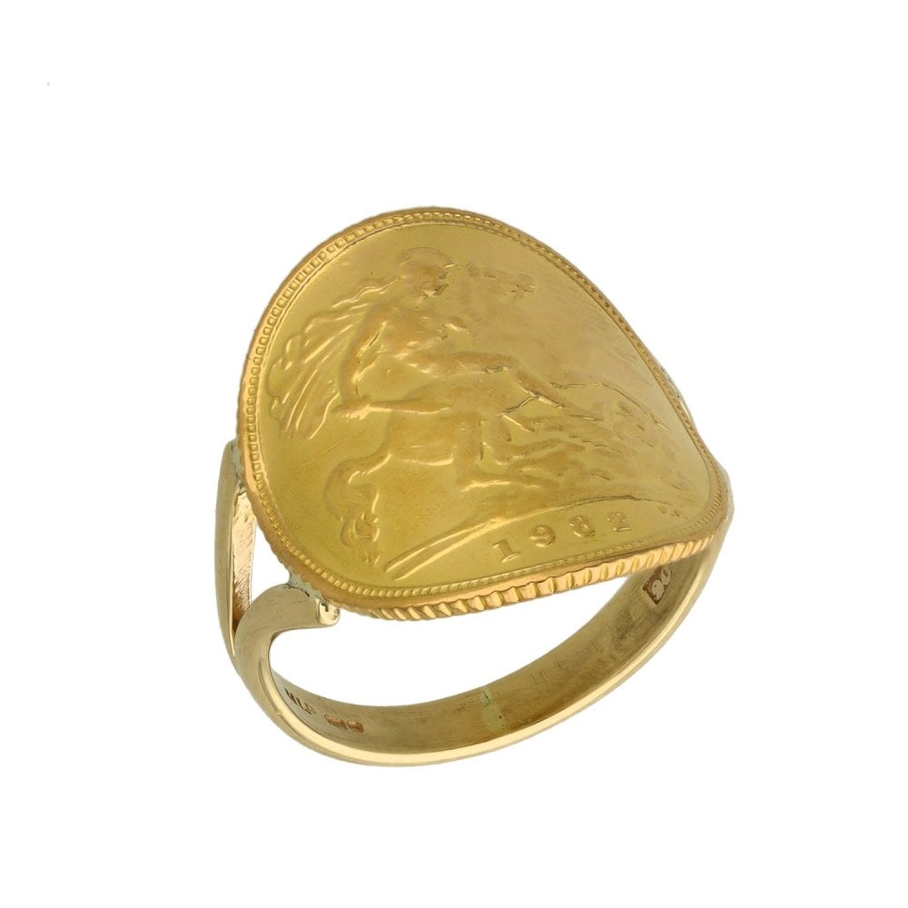1982 Yellow Gold Bent-Over Half Sovereign Coin Ring - Size L½