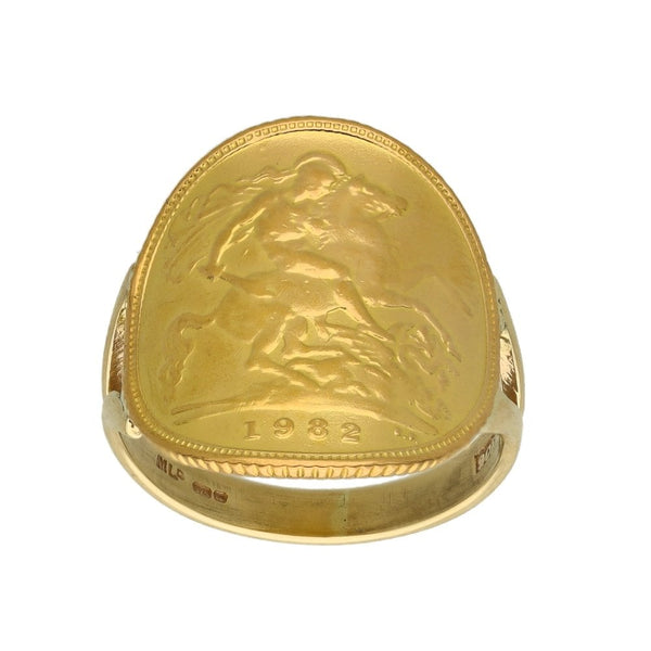 1982 Yellow Gold Bent-Over Half Sovereign Coin Ring - Size L½