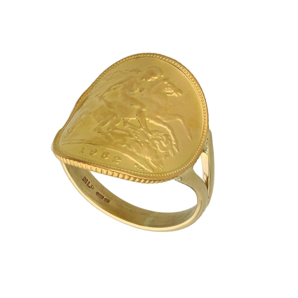 1982 Yellow Gold Bent-Over Half Sovereign Coin Ring - Size L½