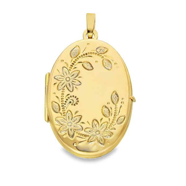 9ct Yellow Gold Floral & Leaf Engraved Locket - 3.2g