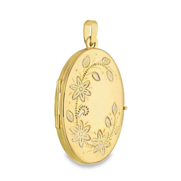 9ct Yellow Gold Floral & Leaf Engraved Locket - 3.2g