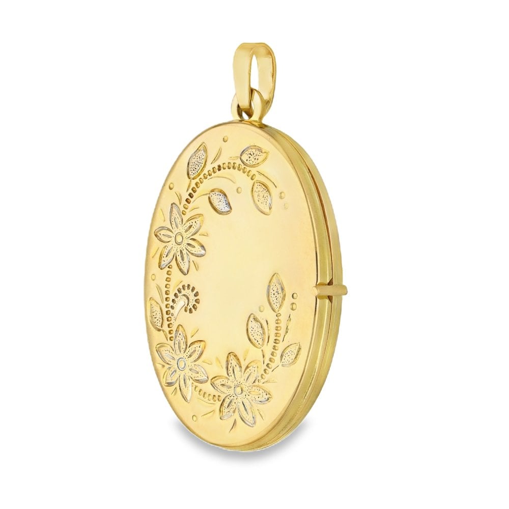 9ct Yellow Gold Floral & Leaf Engraved Locket - 3.2g