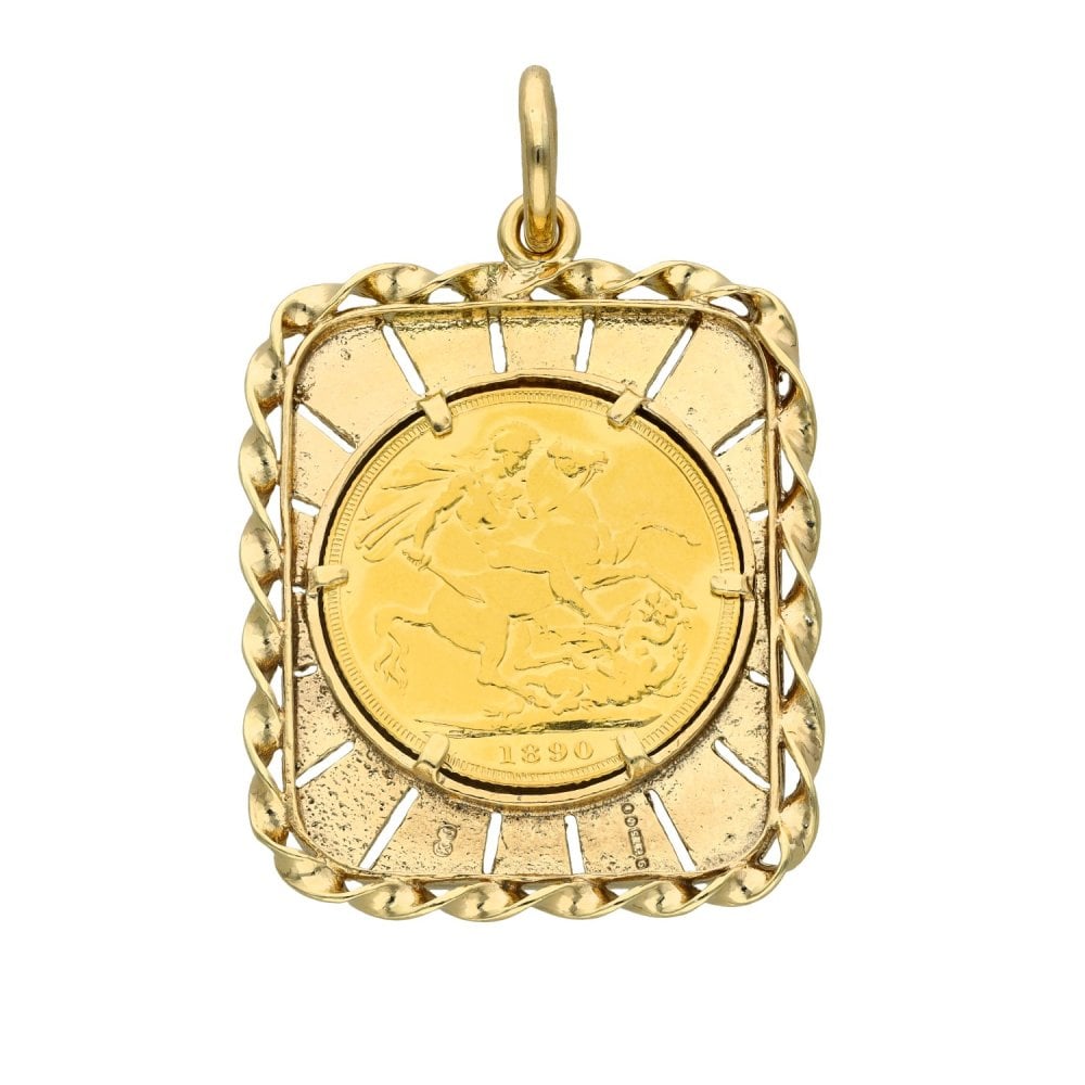 1890 Yellow Gold Full Sovereign Rectangular Pendant -31x40x3.5mm