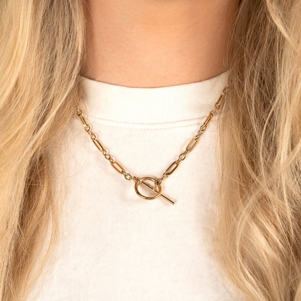Ladies 9ct Yellow Gold Hollow T-Bar & Loop Necklace - 16"