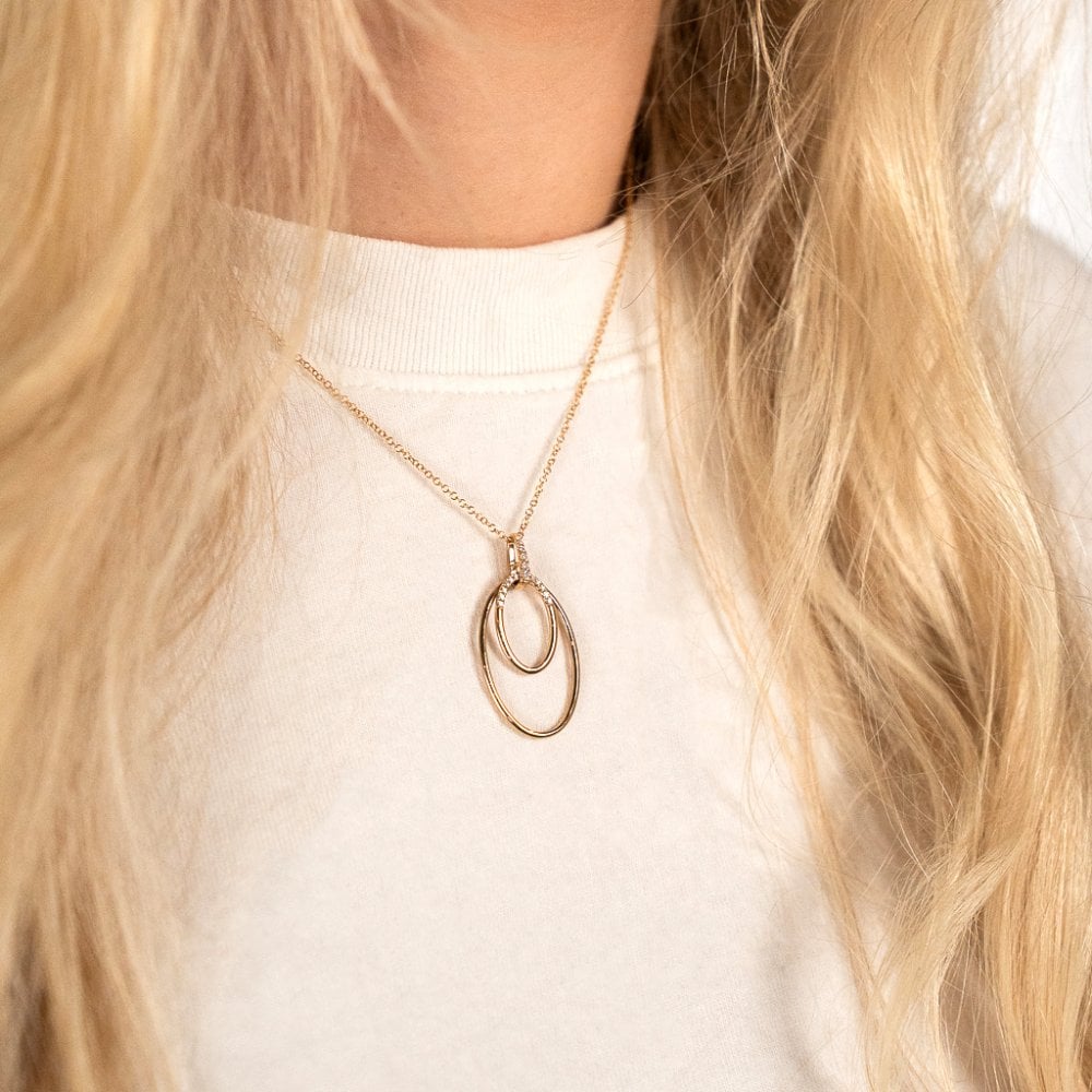 Ladies 9ct Yellow Gold Diamond Set Double Open Pendant & Chain