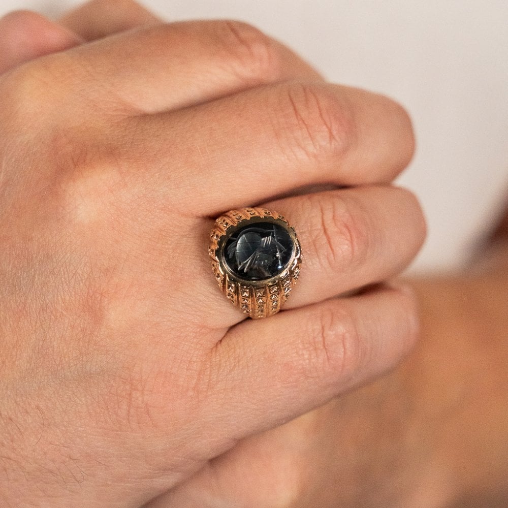 9ct Yellow Gold Oval Hematite Centurian Ring - Size S - 19mm