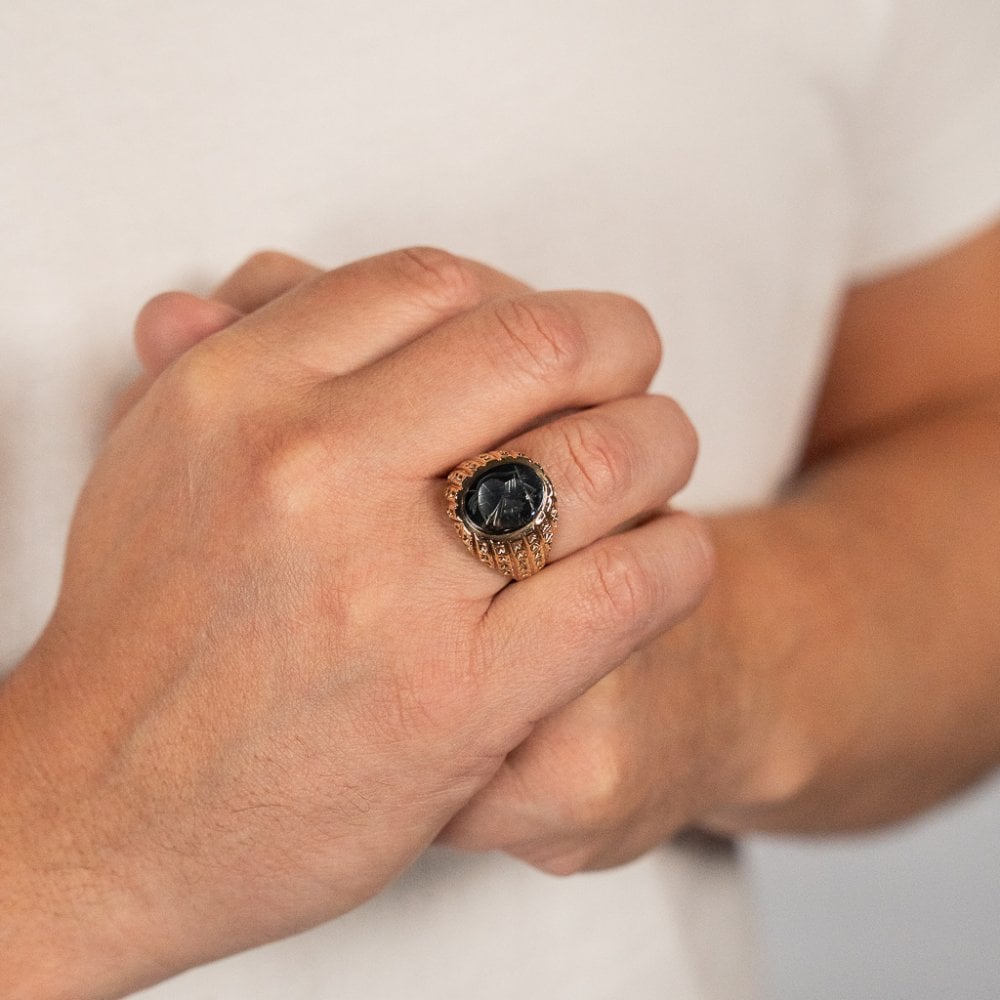 9ct Yellow Gold Oval Hematite Centurian Ring - Size S - 19mm