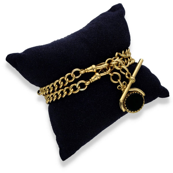 9ct Yellow Gold Heavy Double Albert Bracelet & Fob & T-Bar - 8"
