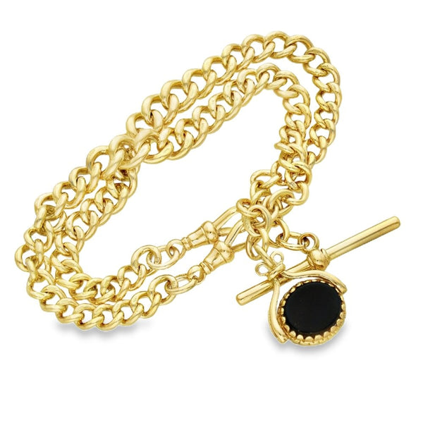 9ct Yellow Gold Heavy Double Albert Bracelet & Fob & T-Bar - 8"
