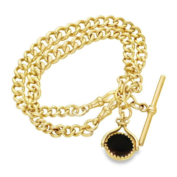 9ct Yellow Gold Heavy Double Albert Bracelet & Fob & T-Bar - 8"