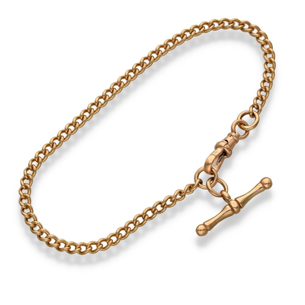 9ct Rose Gold Curb Bracelet & T-Bar Pendant - 8" - 9.7g