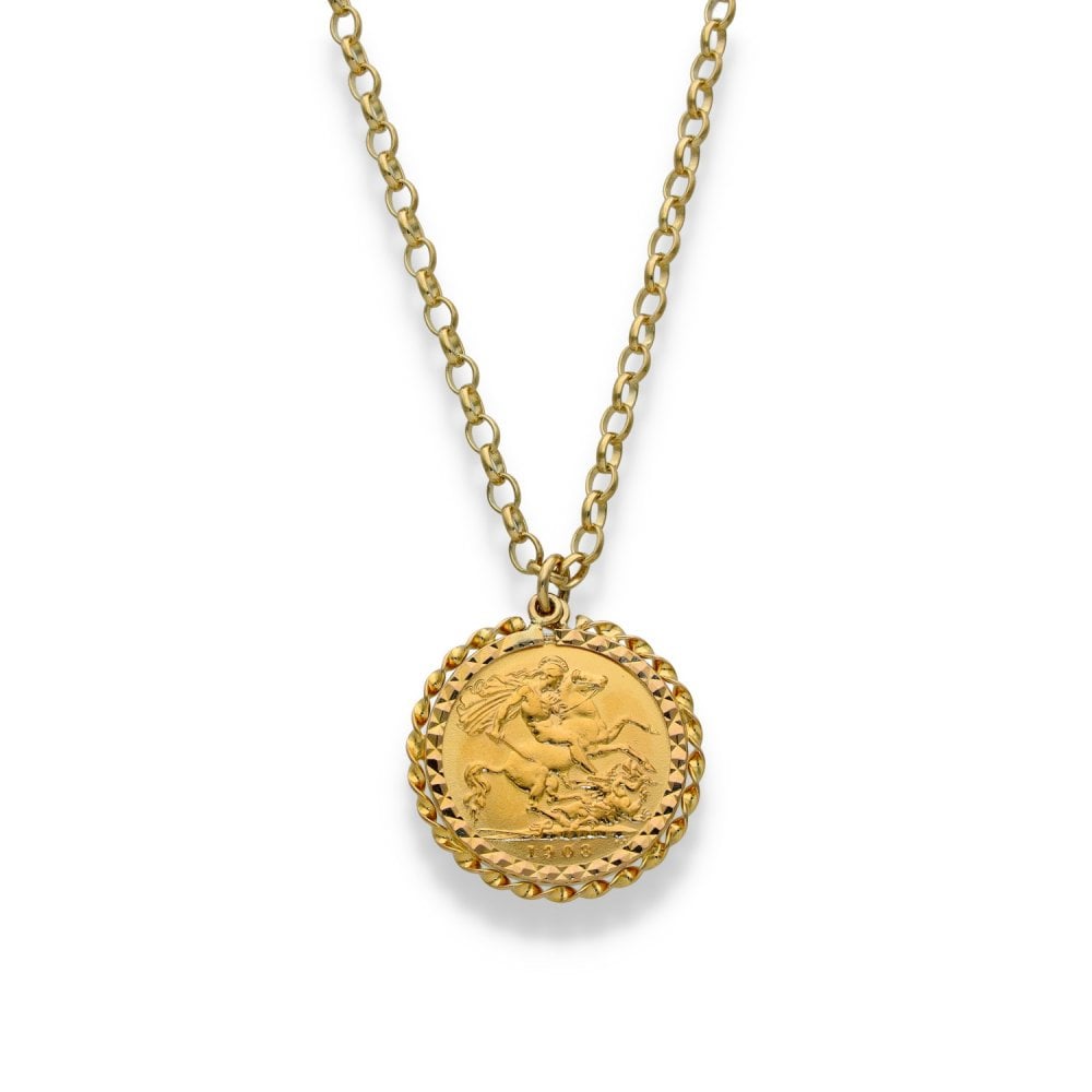 1908 Yellow Gold Half Sovereign Pendant & Chain - 20" - 10.7g
