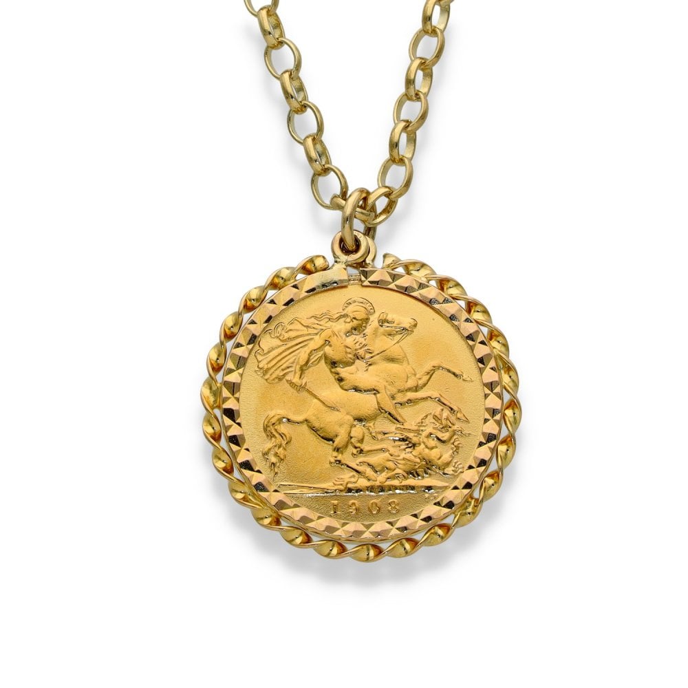 1908 Yellow Gold Half Sovereign Pendant & Chain - 20" - 10.7g