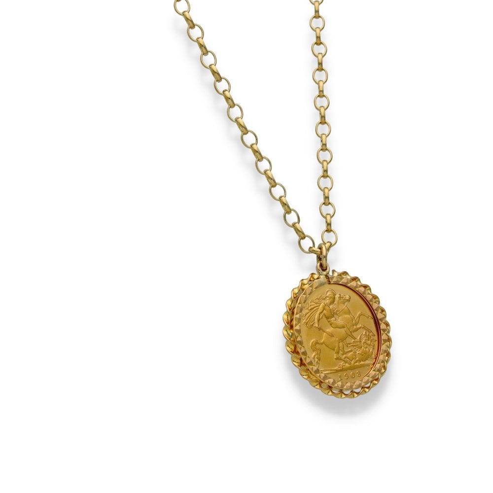 1908 Yellow Gold Half Sovereign Pendant & Chain - 20" - 10.7g