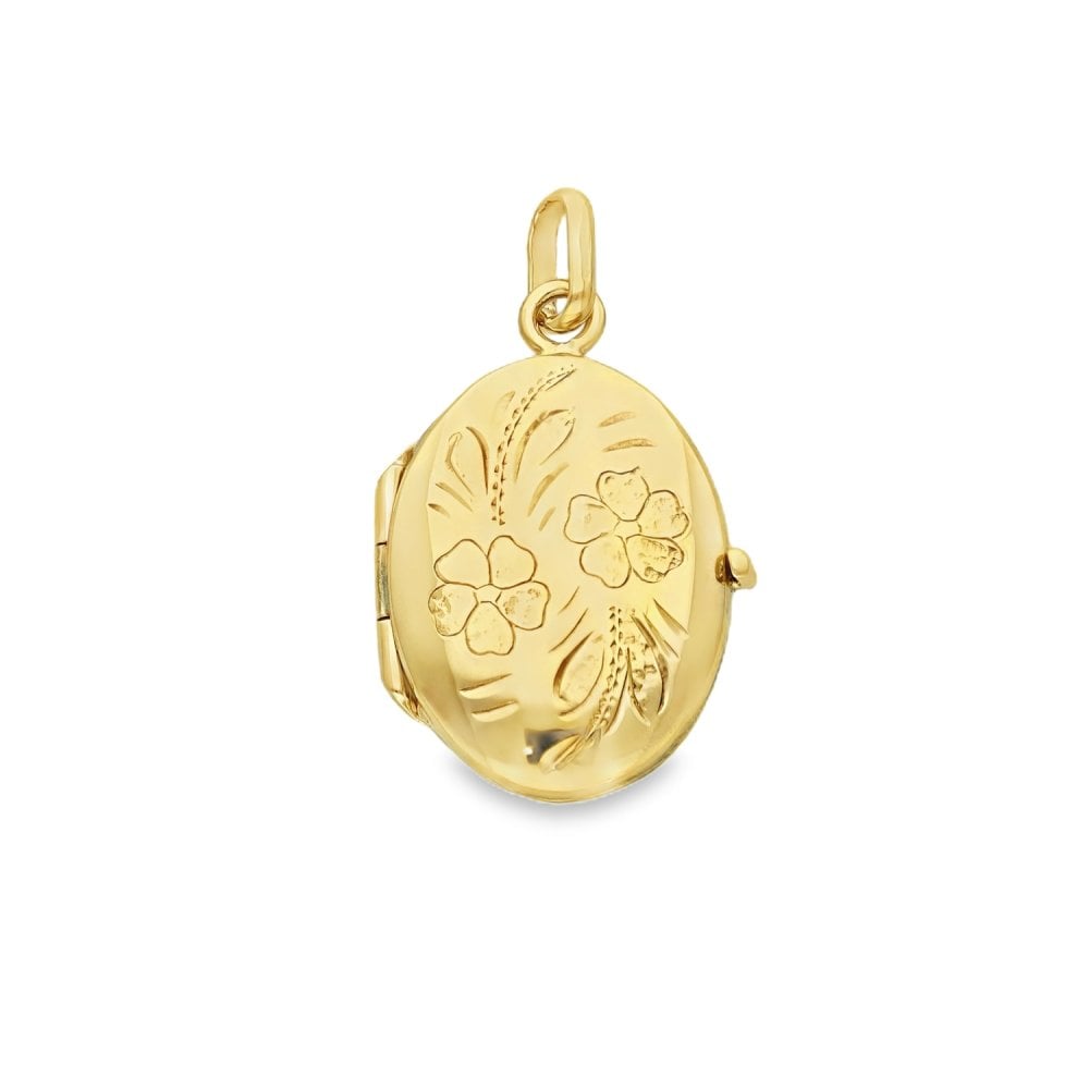 9ct Yellow Gold Flower-Engraved Oval Locket - 14x20x5mm - 2.7g