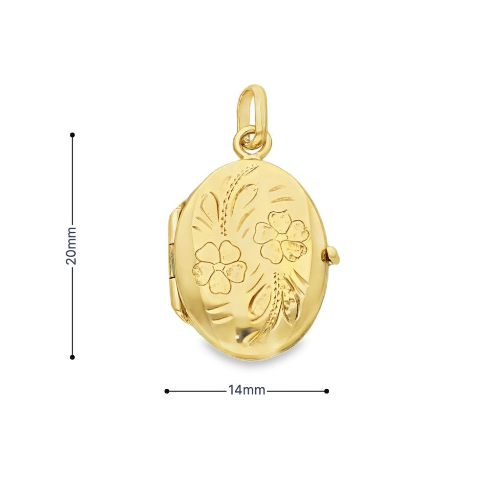 9ct Yellow Gold Flower-Engraved Oval Locket - 14x20x5mm - 2.7g