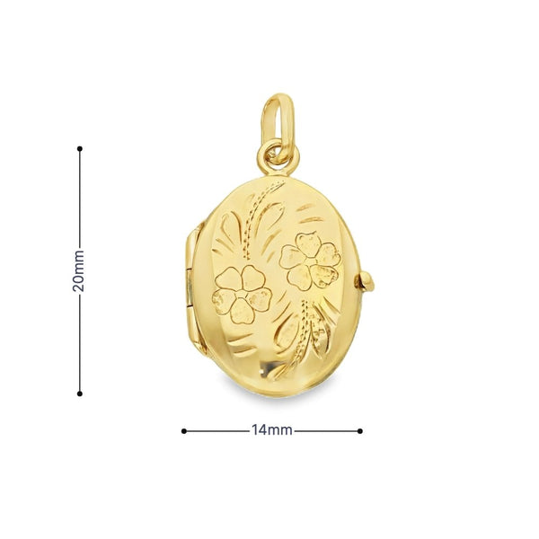 9ct Yellow Gold Flower-Engraved Oval Locket - 14x20x5mm - 2.7g